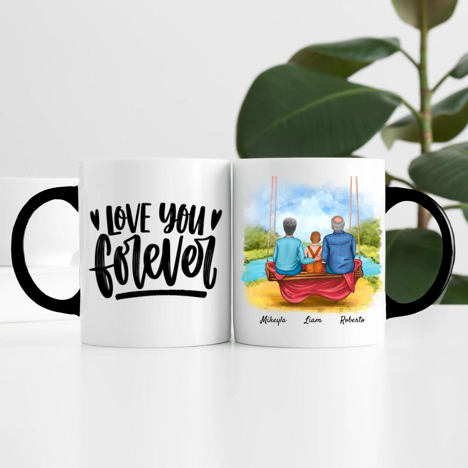 Oma & Opa mit Enkel auf Schaukel | Personalisierte Tasse