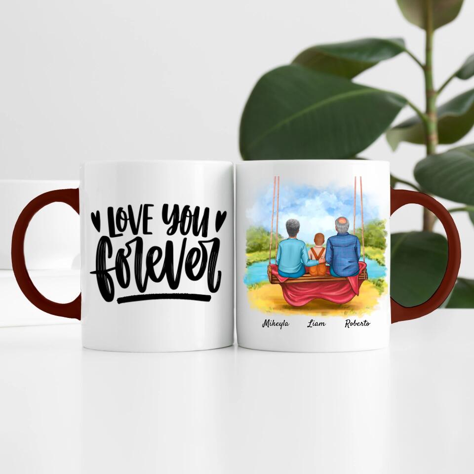 Oma & Opa mit Enkel auf Schaukel | Personalisierte Tasse