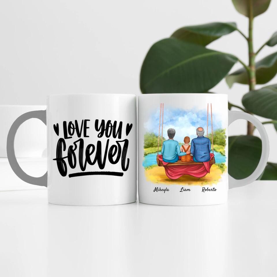 Oma & Opa mit Enkel auf Schaukel | Personalisierte Tasse