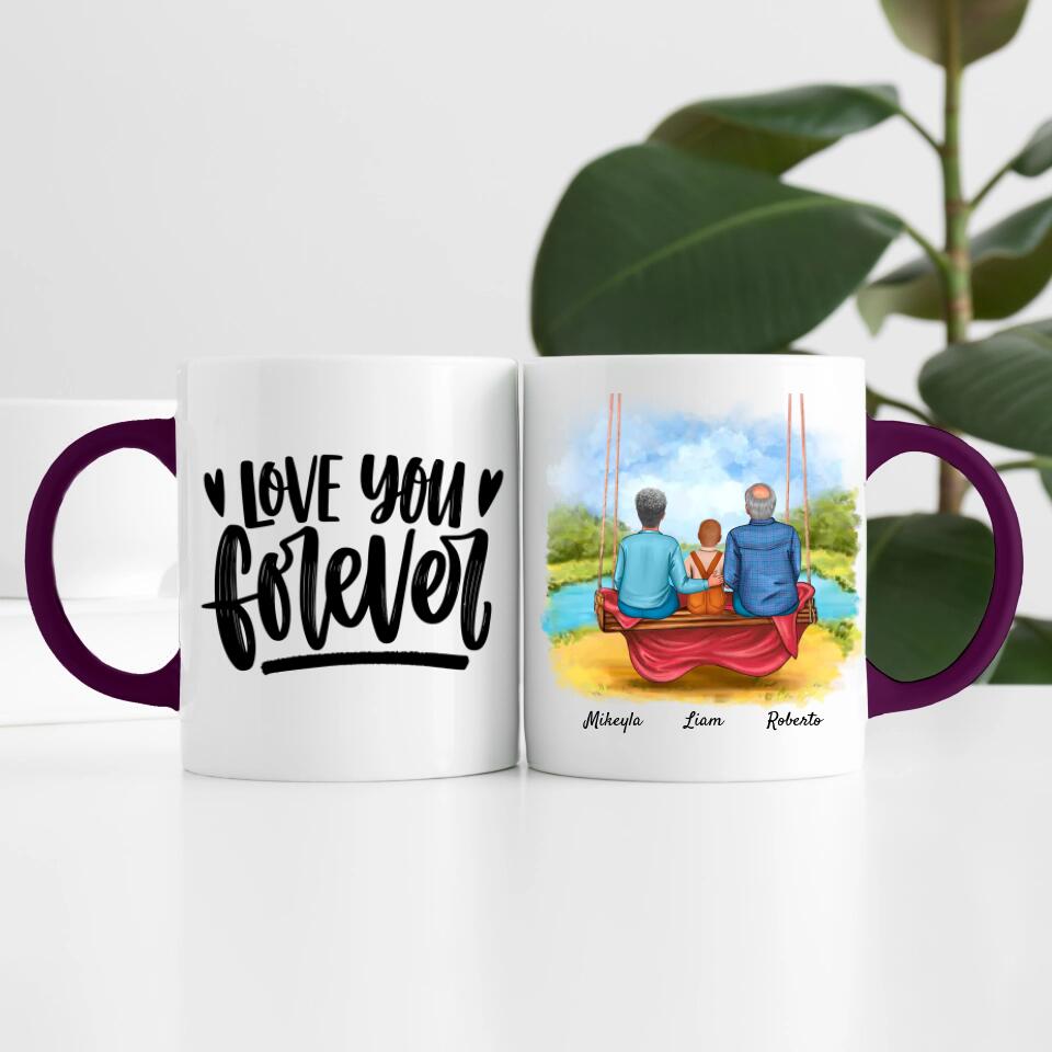 Oma & Opa mit Enkel auf Schaukel | Personalisierte Tasse