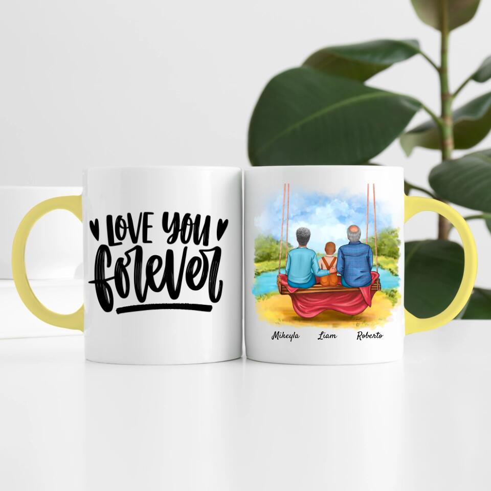 Oma & Opa mit Enkel auf Schaukel | Personalisierte Tasse