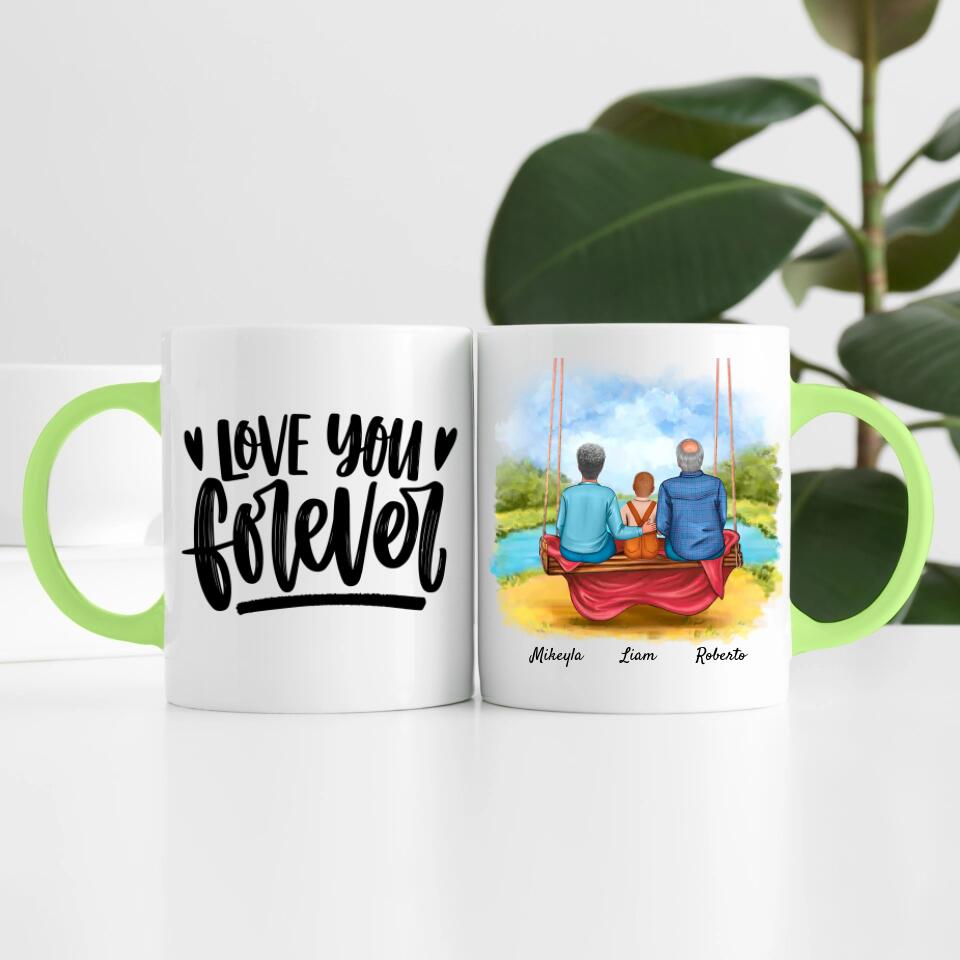 Oma & Opa mit Enkel auf Schaukel | Personalisierte Tasse