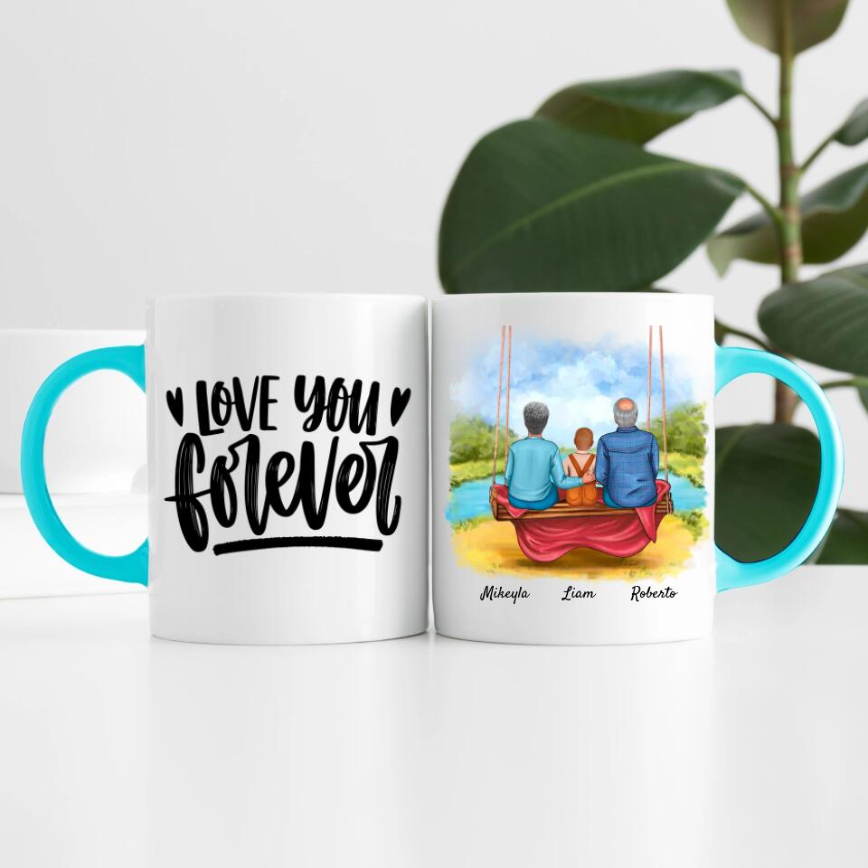 Oma & Opa mit Enkel auf Schaukel | Personalisierte Tasse