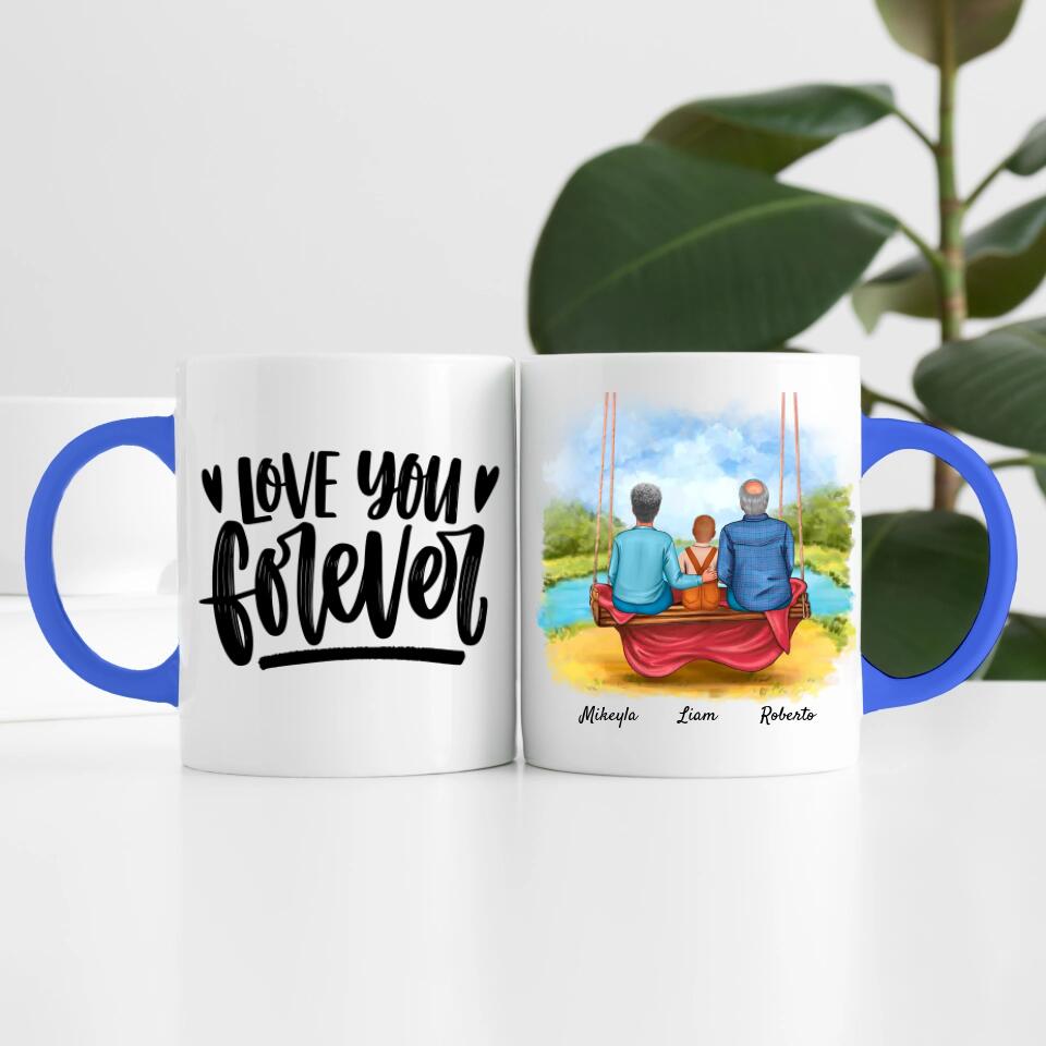 Oma & Opa mit Enkel auf Schaukel | Personalisierte Tasse