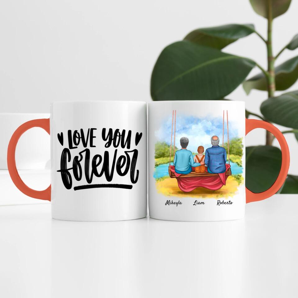 Oma & Opa mit Enkel auf Schaukel | Personalisierte Tasse