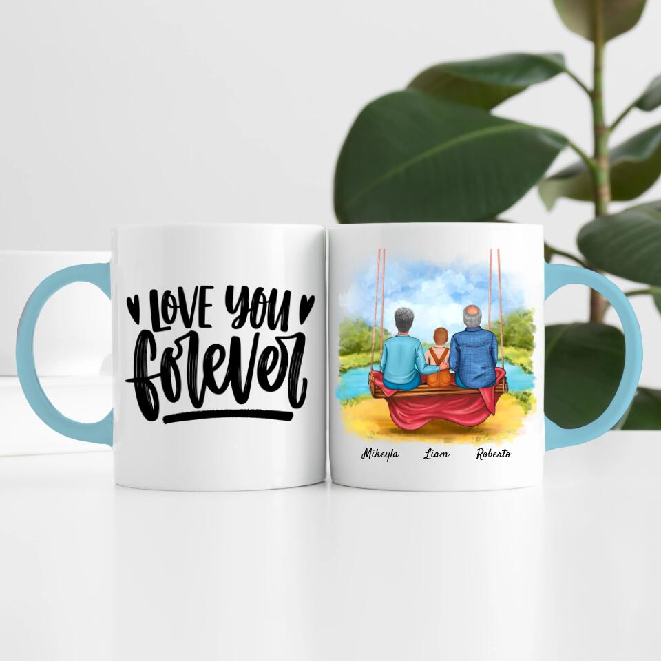 Oma & Opa mit Enkel auf Schaukel | Personalisierte Tasse