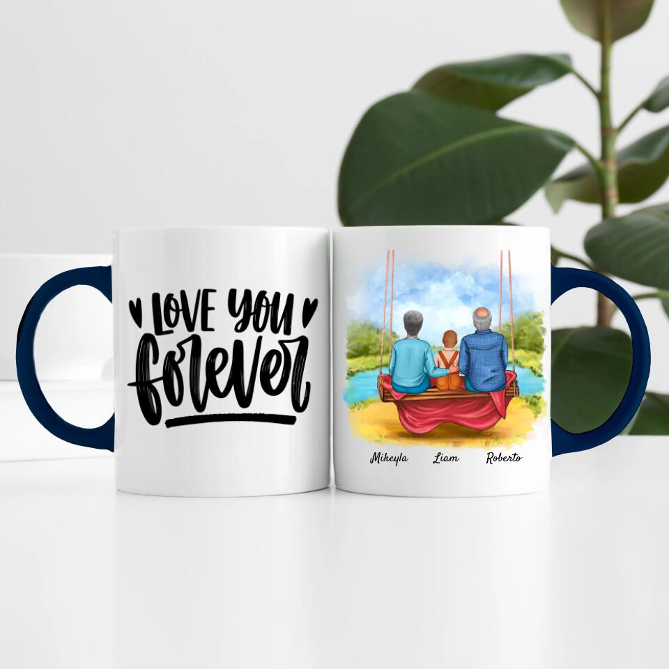 Oma & Opa mit Enkel auf Schaukel | Personalisierte Tasse
