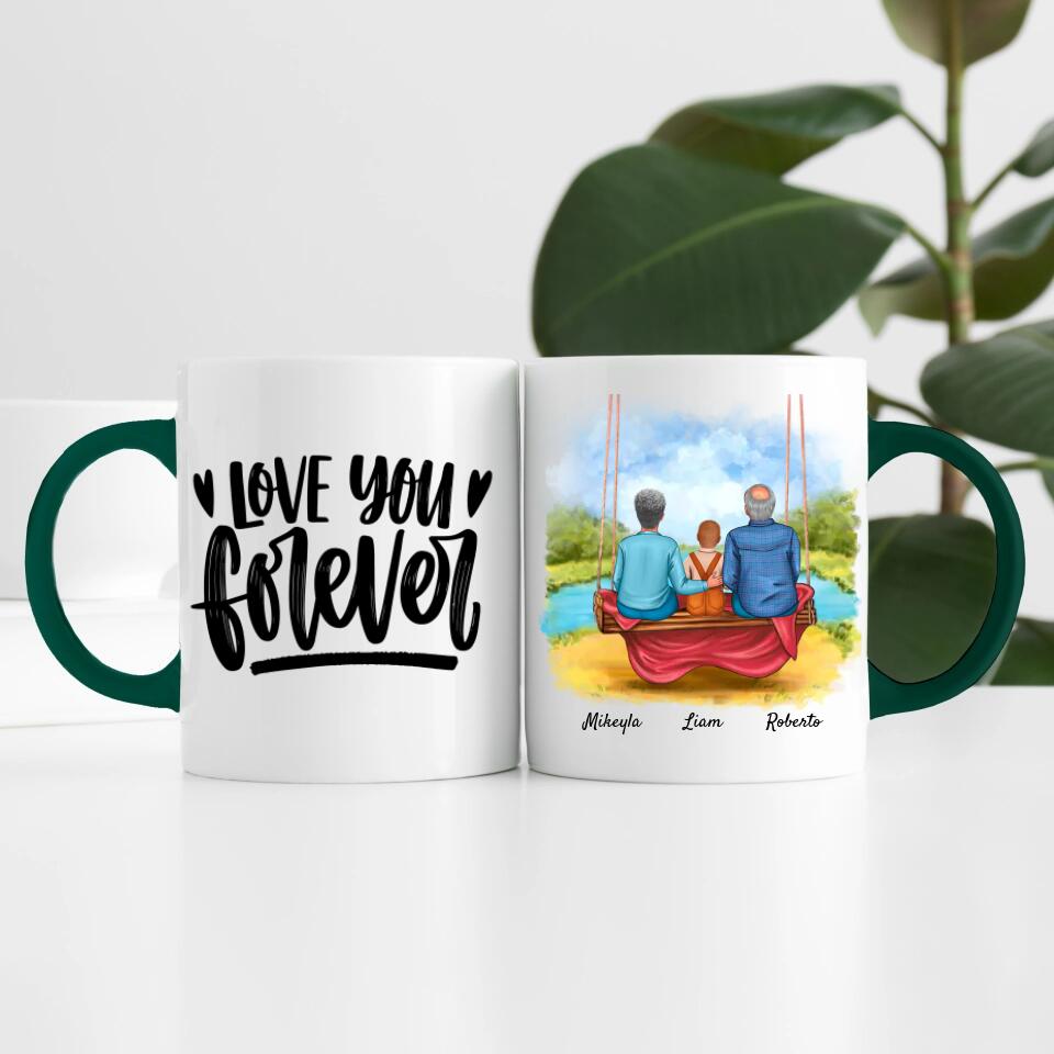 Oma & Opa mit Enkel auf Schaukel | Personalisierte Tasse