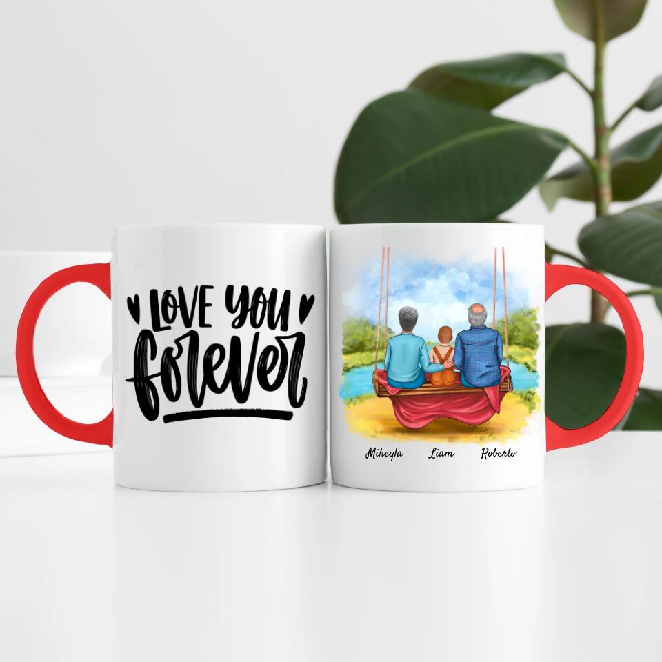 Oma & Opa mit Enkel auf Schaukel | Personalisierte Tasse