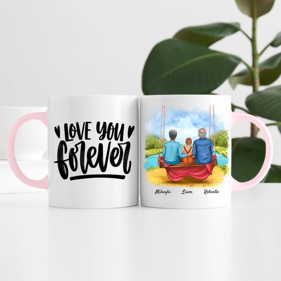 Oma & Opa mit Enkel auf Schaukel | Personalisierte Tasse