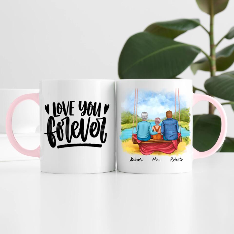 Oma & Opa mit Enkelin auf Schaukel | Personalisierte Tasse