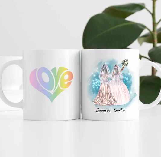 Braut & Braut mit Blumen (Schleier optional) | Personalisierte Tasse