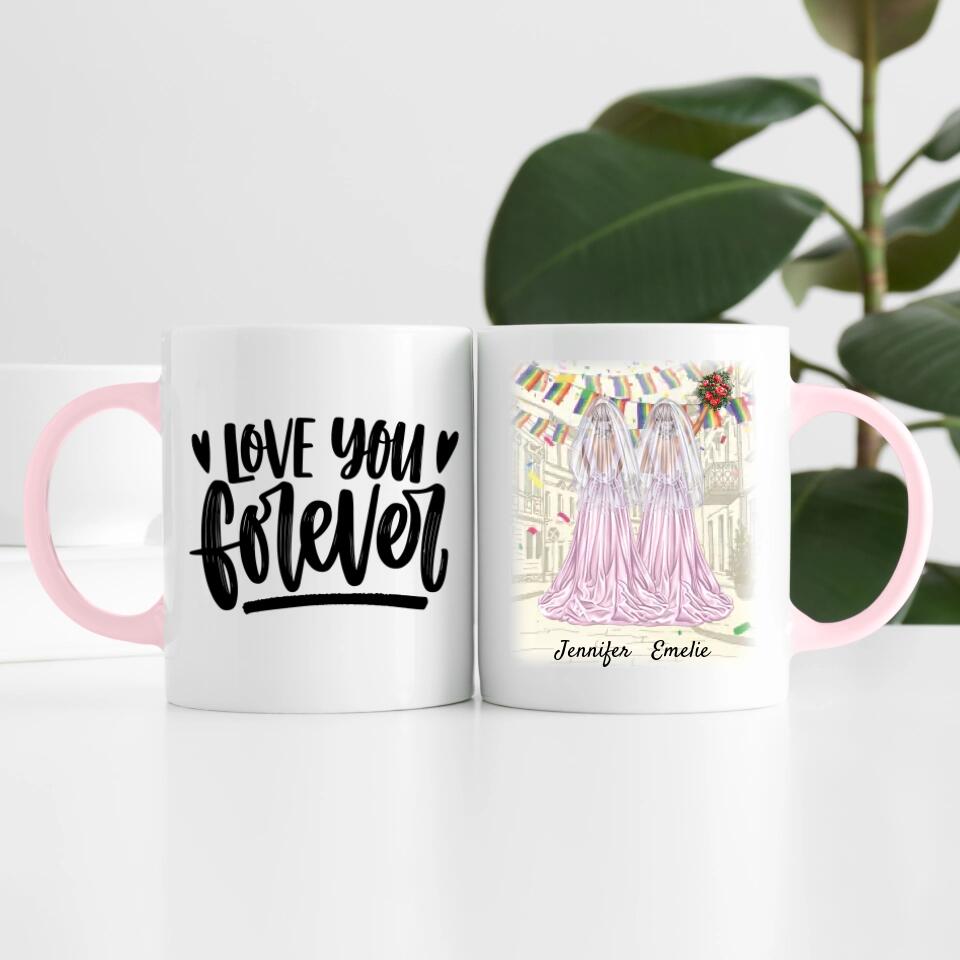 Braut & Braut mit Blumen (Schleier optional) | Personalisierte Tasse