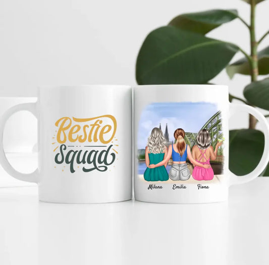 Beste Freundinnen (3 Personen) mit Kölner Skyline | Personalisierte Tasse