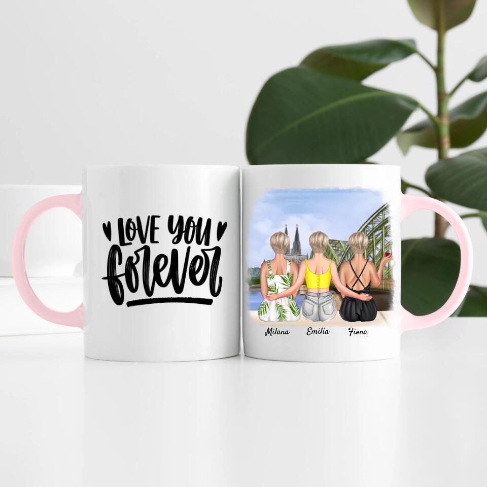 Beste Freundinnen (3 Personen) mit Kölner Skyline | Personalisierte Tasse
