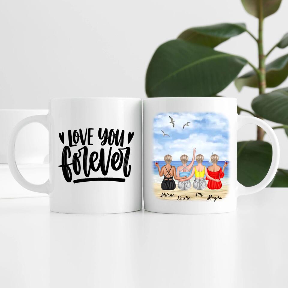 Beste Freundinnen (4 Personen) am Strand personalisierte Tasse