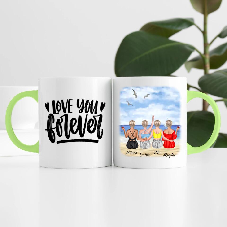 Beste Freundinnen (4 Personen) am Strand personalisierte Tasse