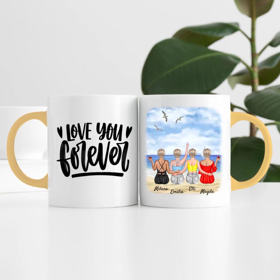 Beste Freundinnen (4 Personen) am Strand personalisierte Tasse