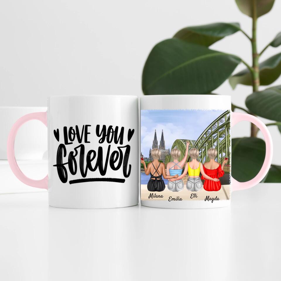 Beste Freundinnen (4 Personen) mit Kölner Skyline | Personalisierte Tasse
