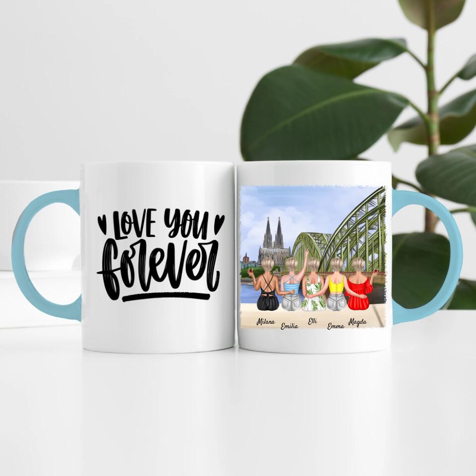 Beste Freundinnen (5 Personen) mit Kölner Skyline | Personalisierte Tasse