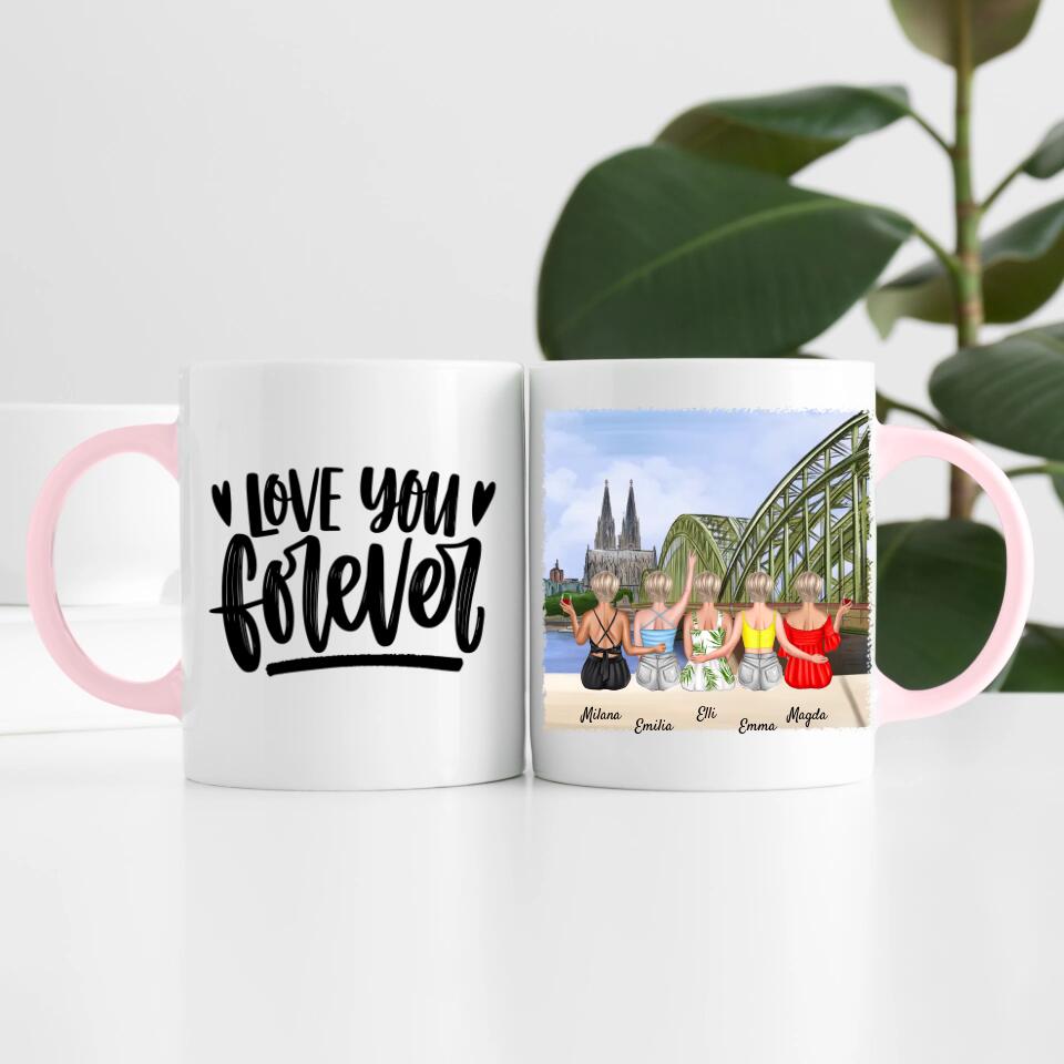 Beste Freundinnen (5 Personen) mit Kölner Skyline | Personalisierte Tasse