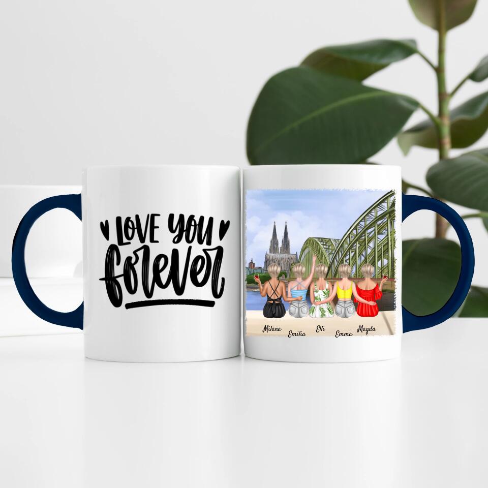 Beste Freundinnen (5 Personen) mit Kölner Skyline | Personalisierte Tasse