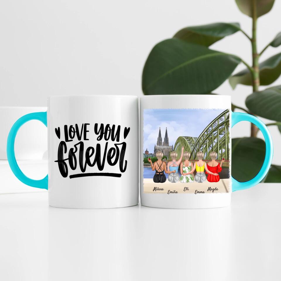 Beste Freundinnen (5 Personen) mit Kölner Skyline | Personalisierte Tasse