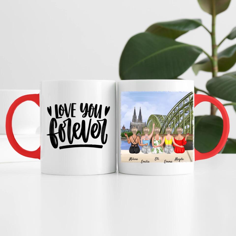 Beste Freundinnen (5 Personen) mit Kölner Skyline | Personalisierte Tasse