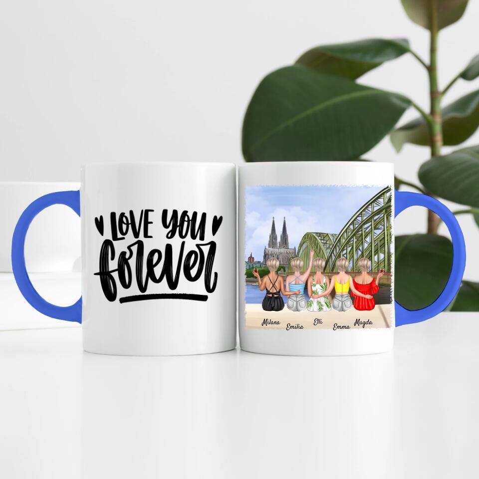 Beste Freundinnen (5 Personen) mit Kölner Skyline | Personalisierte Tasse