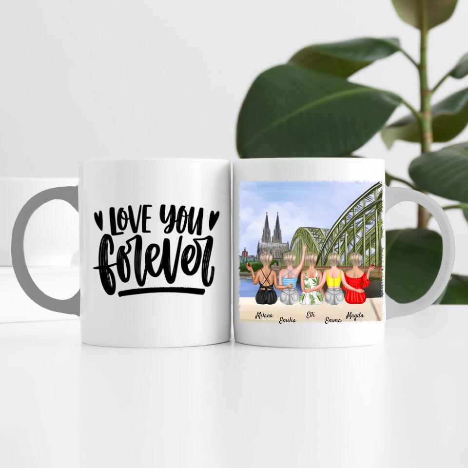Beste Freundinnen (5 Personen) mit Kölner Skyline | Personalisierte Tasse
