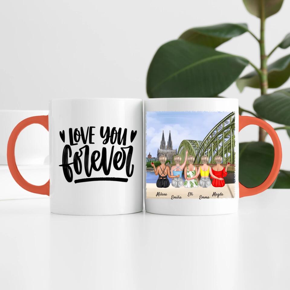 Beste Freundinnen (5 Personen) mit Kölner Skyline | Personalisierte Tasse