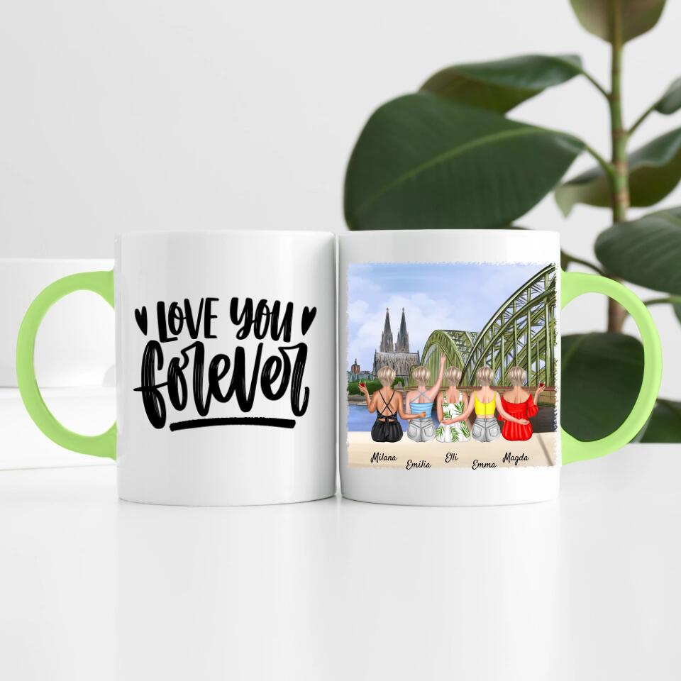 Beste Freundinnen (5 Personen) mit Kölner Skyline | Personalisierte Tasse