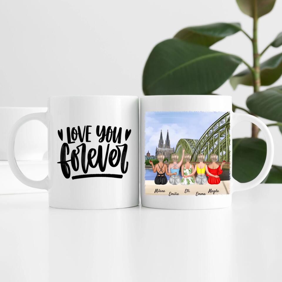Beste Freundinnen (5 Personen) mit Kölner Skyline | Personalisierte Tasse
