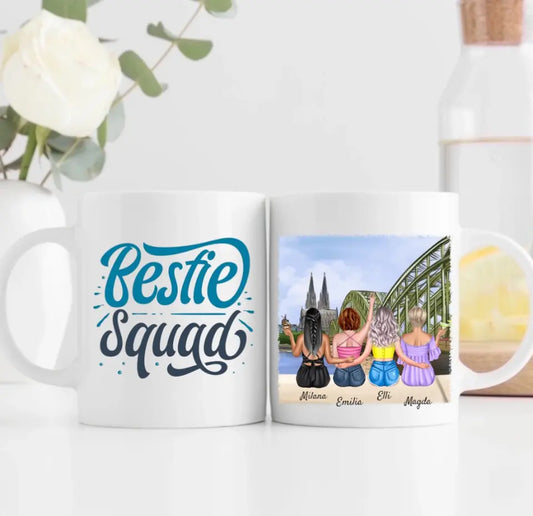 Beste Freundinnen (4 Personen) mit Kölner Skyline | Personalisierte Tasse