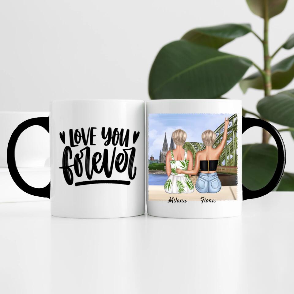 Beste Freundinnen mit Kölner Skyline | Personalisierte Tasse