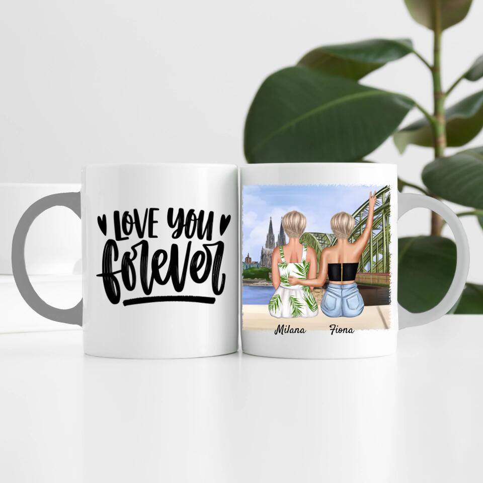 Beste Freundinnen mit Kölner Skyline | Personalisierte Tasse