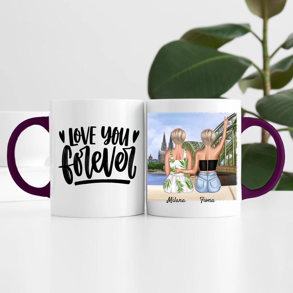 Beste Freundinnen mit Kölner Skyline | Personalisierte Tasse