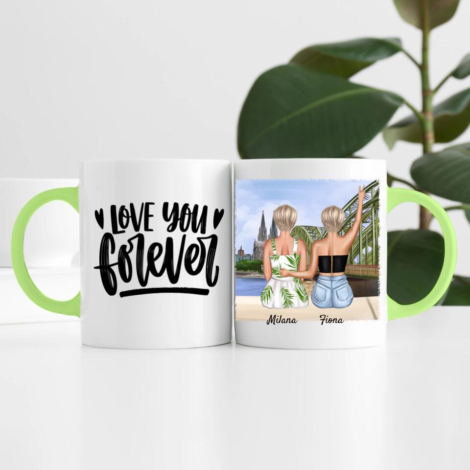 Beste Freundinnen mit Kölner Skyline | Personalisierte Tasse