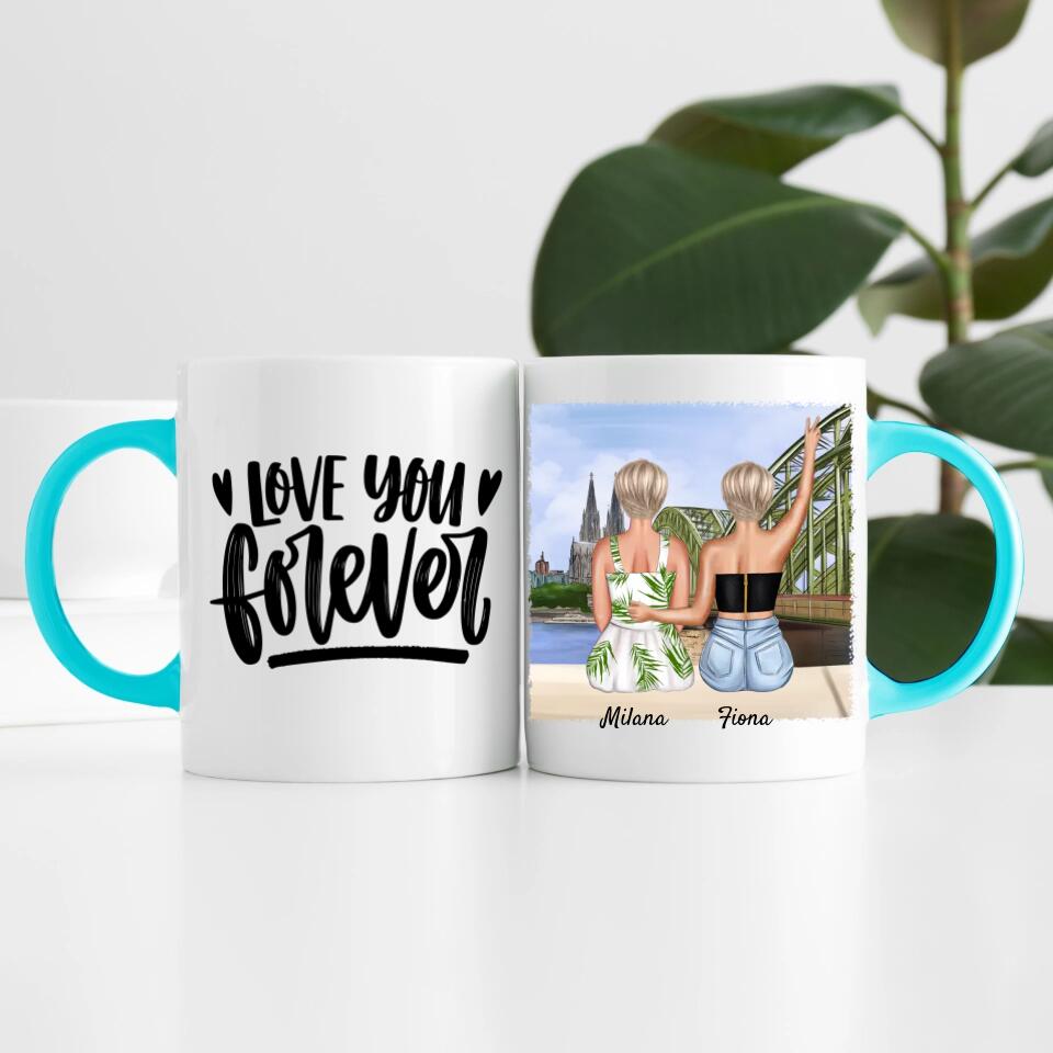 Beste Freundinnen mit Kölner Skyline | Personalisierte Tasse