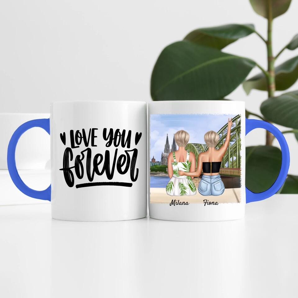 Beste Freundinnen mit Kölner Skyline | Personalisierte Tasse