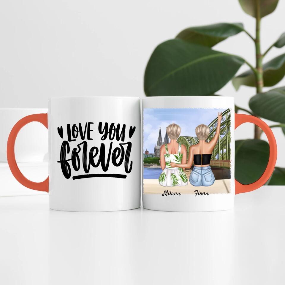 Beste Freundinnen mit Kölner Skyline | Personalisierte Tasse
