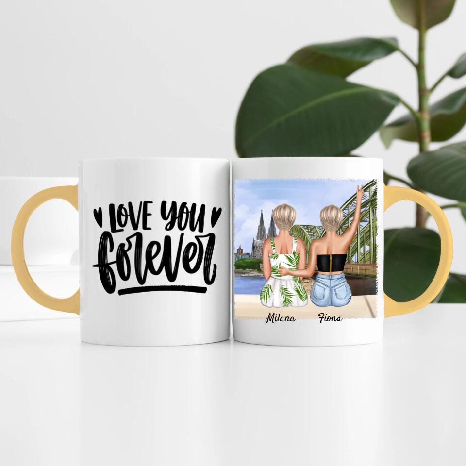 Beste Freundinnen mit Kölner Skyline | Personalisierte Tasse