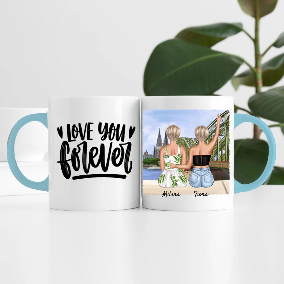 Beste Freundinnen mit Kölner Skyline | Personalisierte Tasse