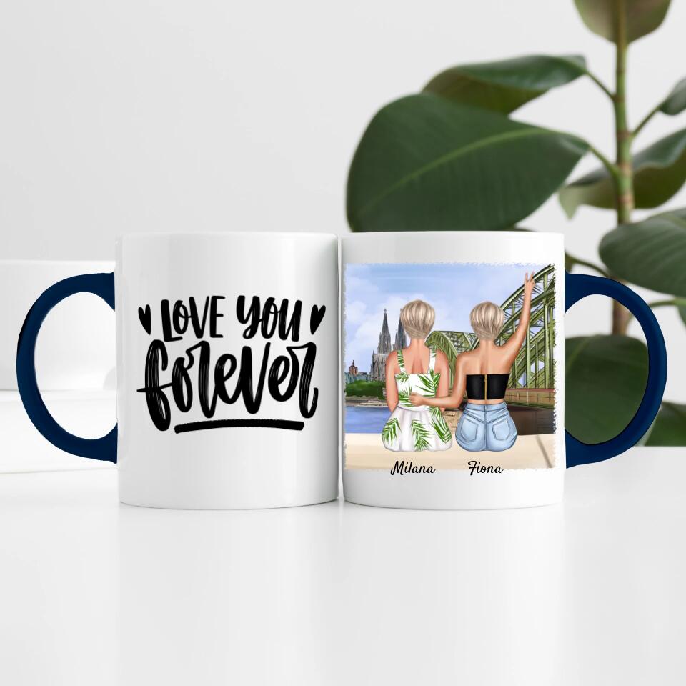 Beste Freundinnen mit Kölner Skyline | Personalisierte Tasse