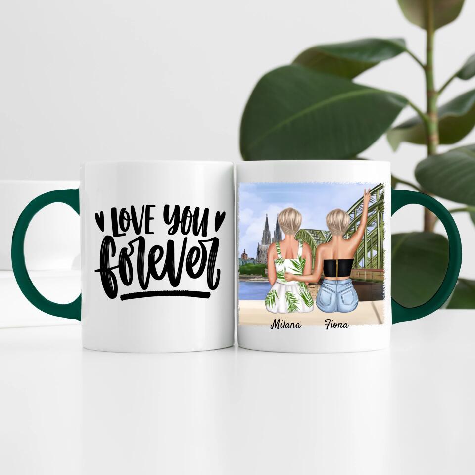 Beste Freundinnen mit Kölner Skyline | Personalisierte Tasse