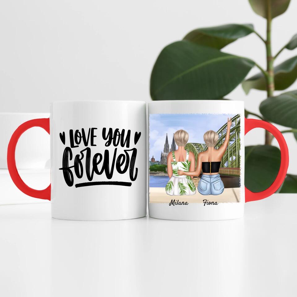 Beste Freundinnen mit Kölner Skyline | Personalisierte Tasse