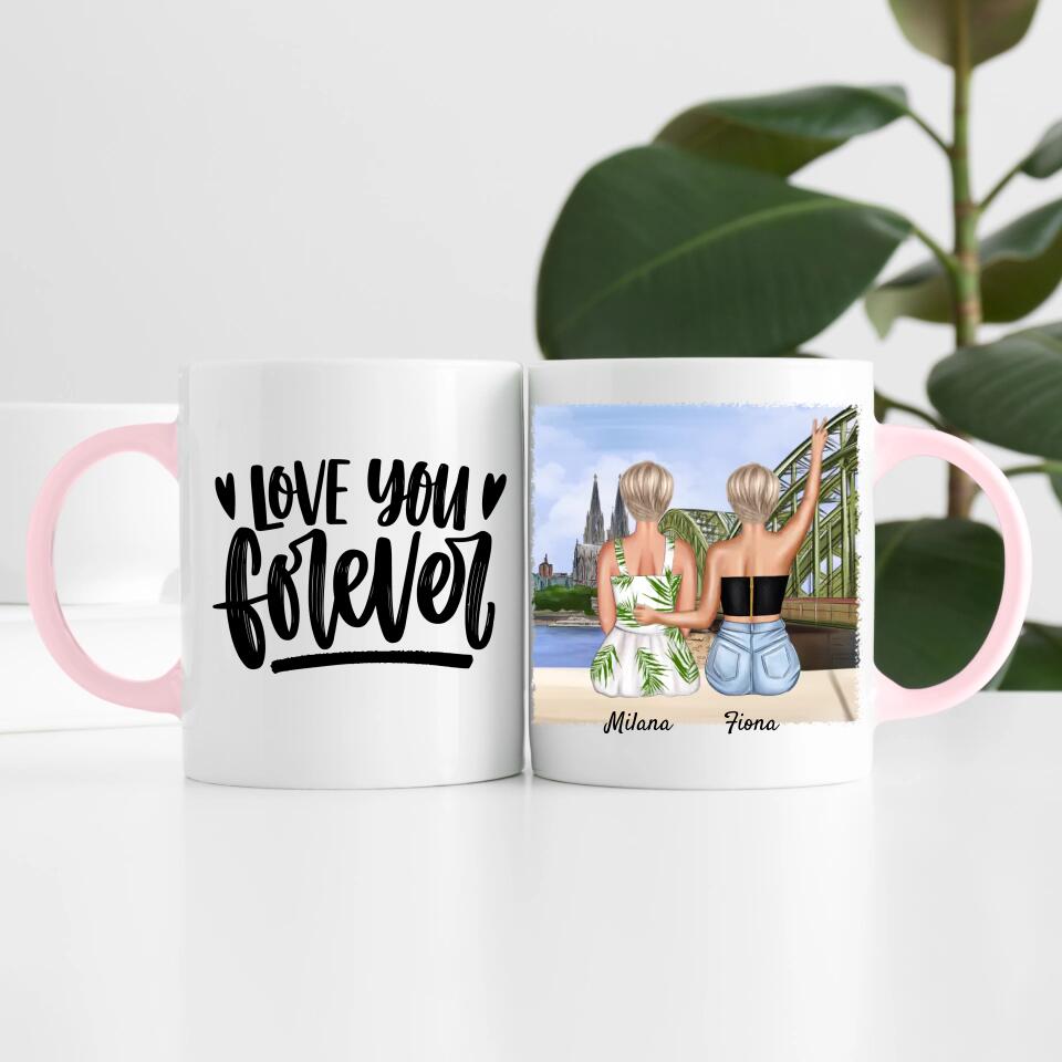 Beste Freundinnen mit Kölner Skyline | Personalisierte Tasse