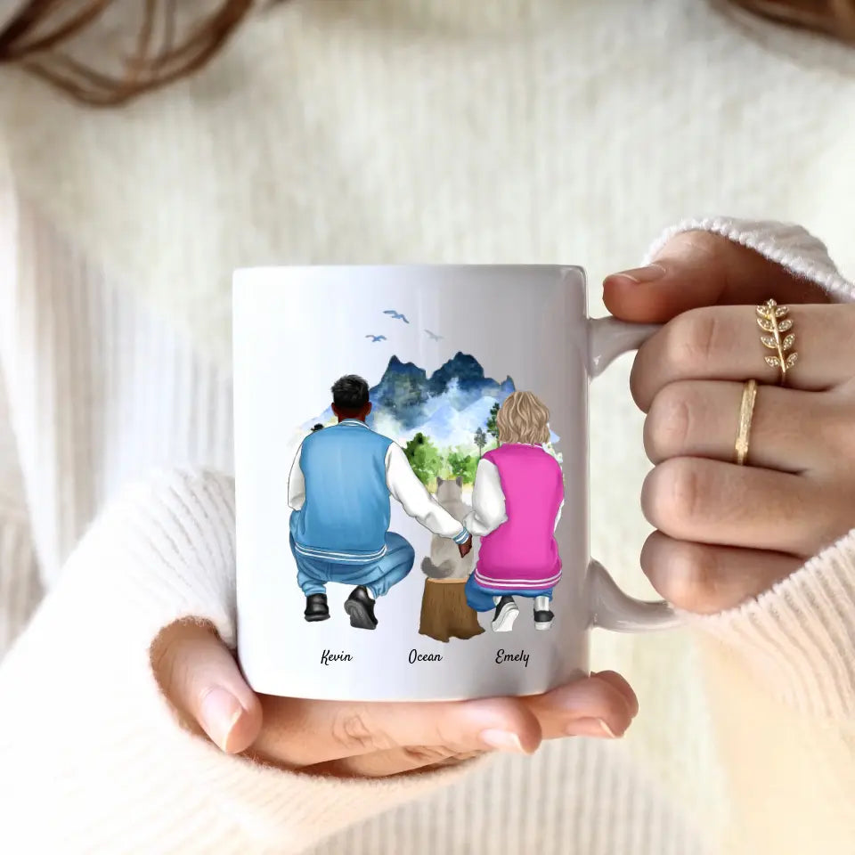 Pärchen mit Katze (2 Personen) | Personalisierte Tasse