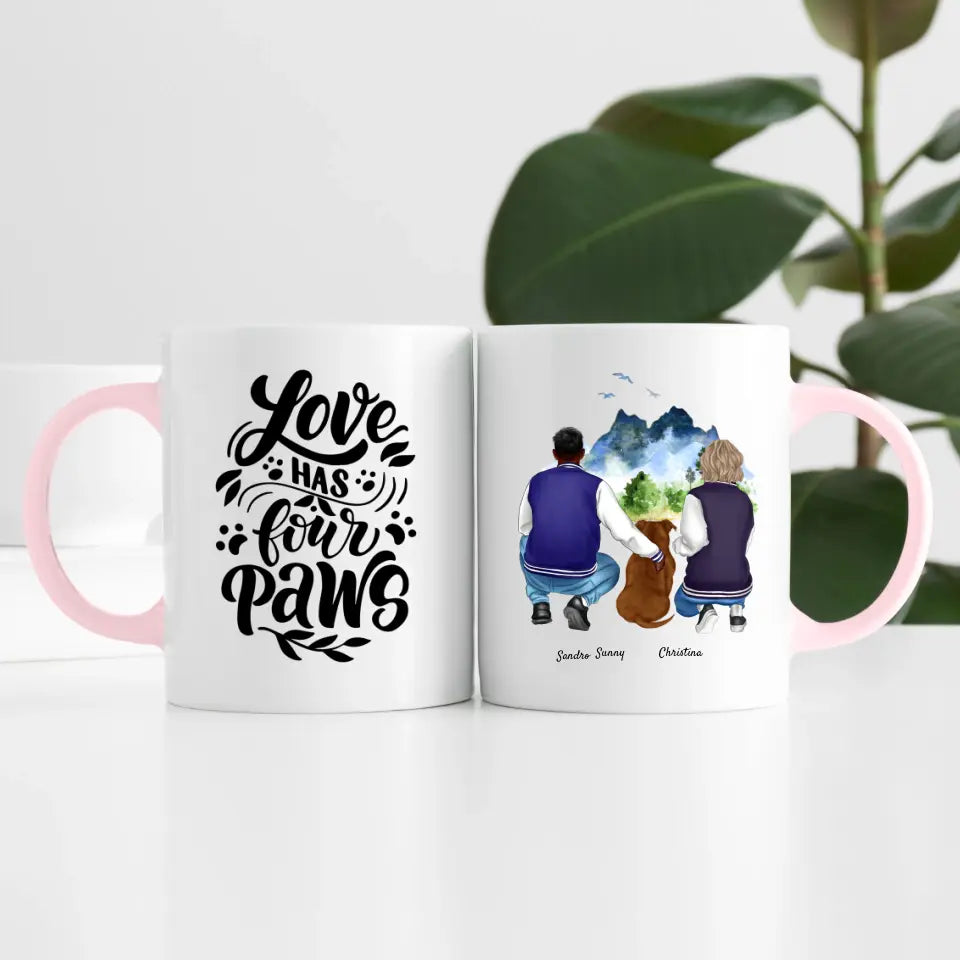 Pärchen mit Hund (2 Personen) | Personalisierte Tasse