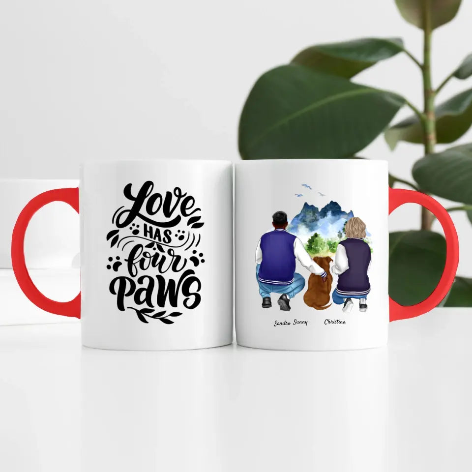 Pärchen mit Hund (2 Personen) | Personalisierte Tasse